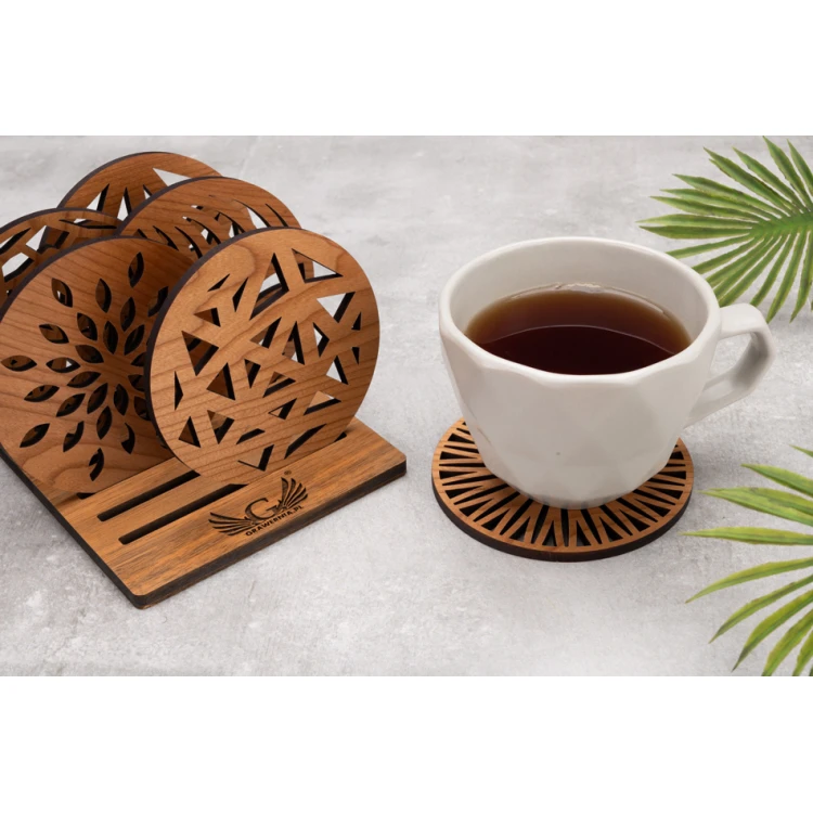 Cherry Solid Wood Coasters Set of 6 with Engraved Stand - PDK011