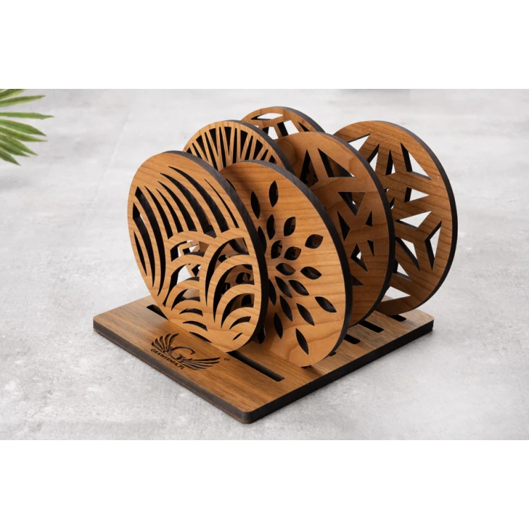 Cherry Solid Wood Coasters Set of 6 with Engraved Stand - PDK011
