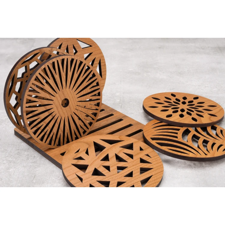 Cherry Solid Wood Coasters Set of 6 with Engraved Stand - PDK011