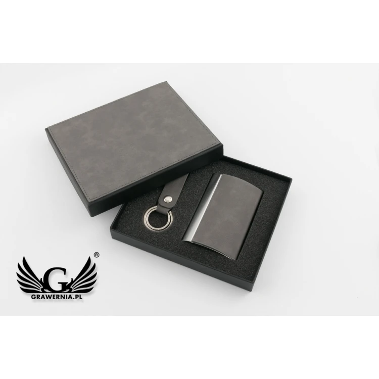 Gift Set Business Card Holder + Keyring - Fabio Grey with Engraving - ZU004