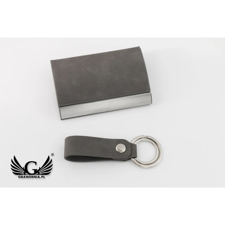 Gift Set Business Card Holder + Keyring - Fabio Grey with Engraving - ZU004