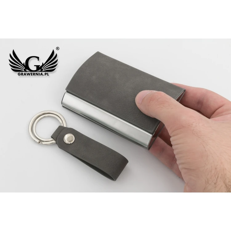 Gift Set Business Card Holder + Keyring - Fabio Grey with Engraving - ZU004