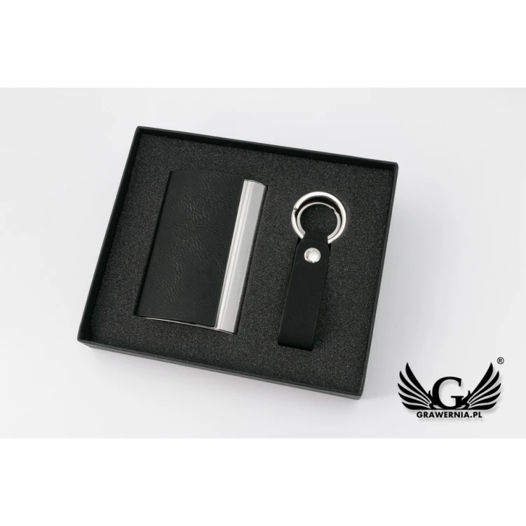 Gift Set Business Card Holder + Keyring - Fabio Black with Engraving - ZU003