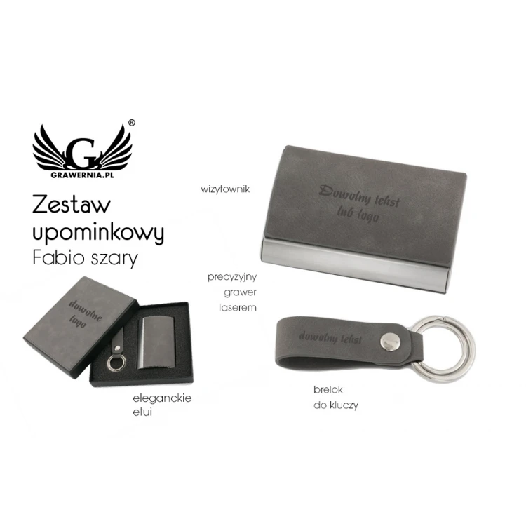 Gift Set Business Card Holder + Keyring - Fabio Grey with Engraving - ZU004