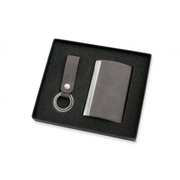 Gift Set Business Card Holder + Keyring - Fabio Grey with Engraving - ZU004