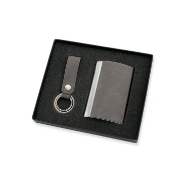 Gift Set Business Card Holder + Keyring - Fabio Grey with Engraving - ZU004