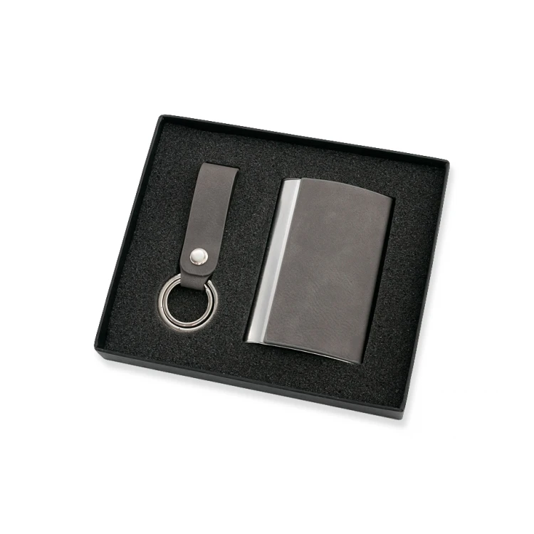 Gift Set Business Card Holder + Keyring - Fabio Grey with Engraving - ZU004