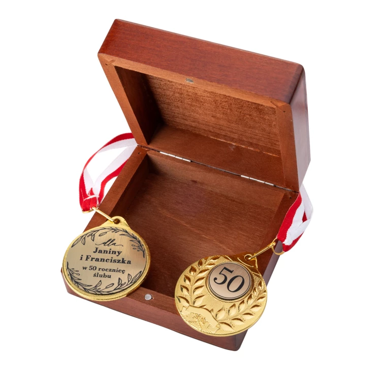 Golden Medals for 50th Golden Wedding Anniversary - Set in Wooden Case - MGR111
