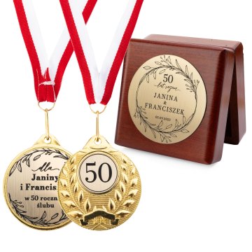 Golden Medals for 50th Golden Wedding Anniversary - Set in Wooden Case - MGR111