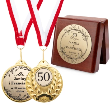 Golden Medals for 50th Golden Wedding Anniversary - Set in Wooden Case - MGR111