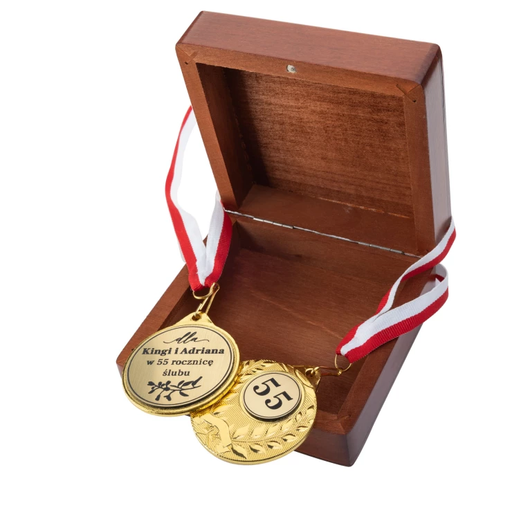 Golden Medals for 55th Emerald Wedding Anniversary - Set in Wooden Case - MGR112