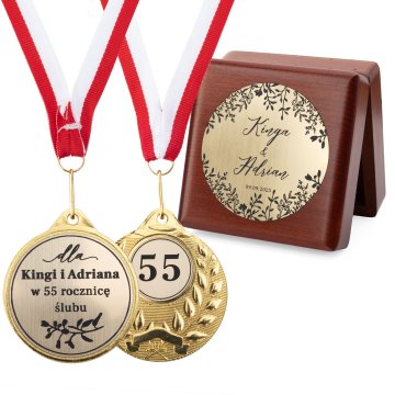 Golden Medals for 55th Emerald Wedding Anniversary - Set in Wooden Case - MGR112