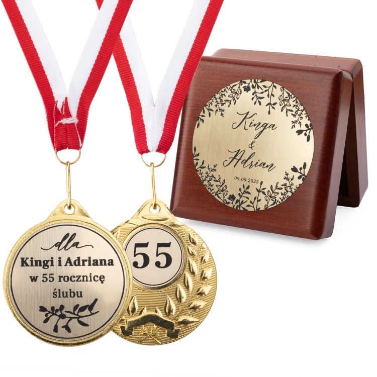 Golden Medals for 55th Emerald Wedding Anniversary - Set in Wooden Case - MGR112